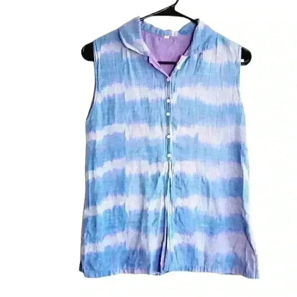 Baby blue Tie Dye sleeveless button down Boho Style top size medium - Picture 7 of 7